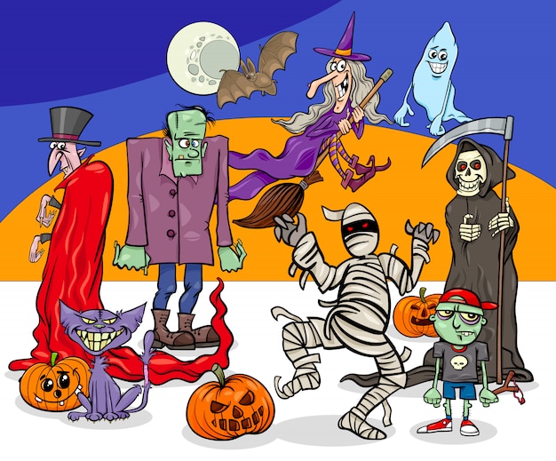 Ilustração dos desenhos animados de monstros de férias de halloween e criaturas