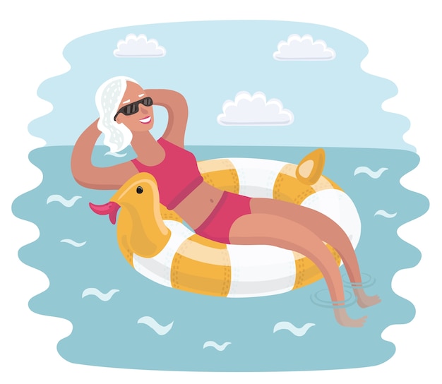 ilustração dos desenhos animados de mulher idosa relaxante tomar banho de sol, sentado em espreguiçadeiras sob o guarda-sol.