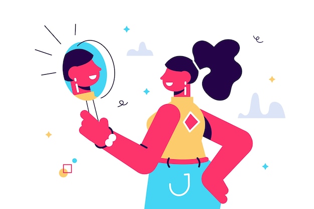 ilustração dos desenhos animados de Mulher olhando um espelho e se admirando