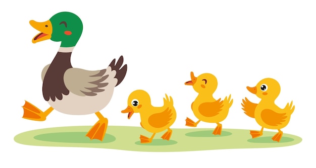 Ilustração dos desenhos animados de patos de mãe e bebê