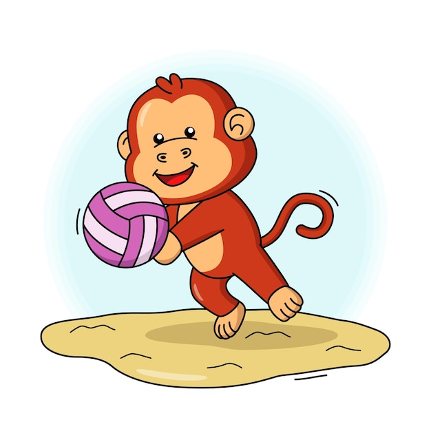 Ilustração dos desenhos animados de um macaco fofo jogando vôlei