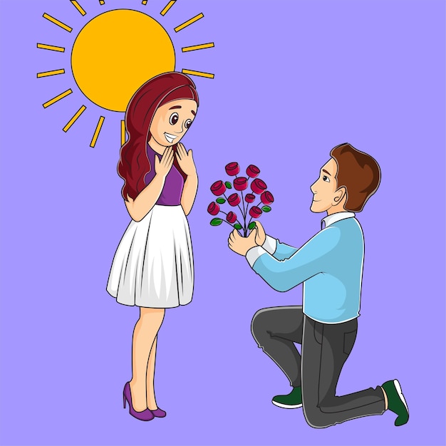 Vetor ilustração dos desenhos animados de um menino pedindo uma garota em casamento no dia da proposta