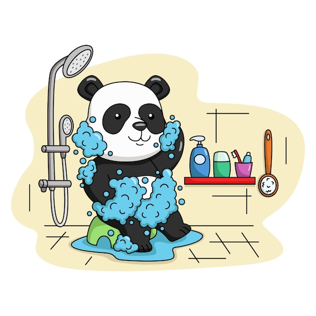 Ilustração dos desenhos animados de um panda fofo tomando banho