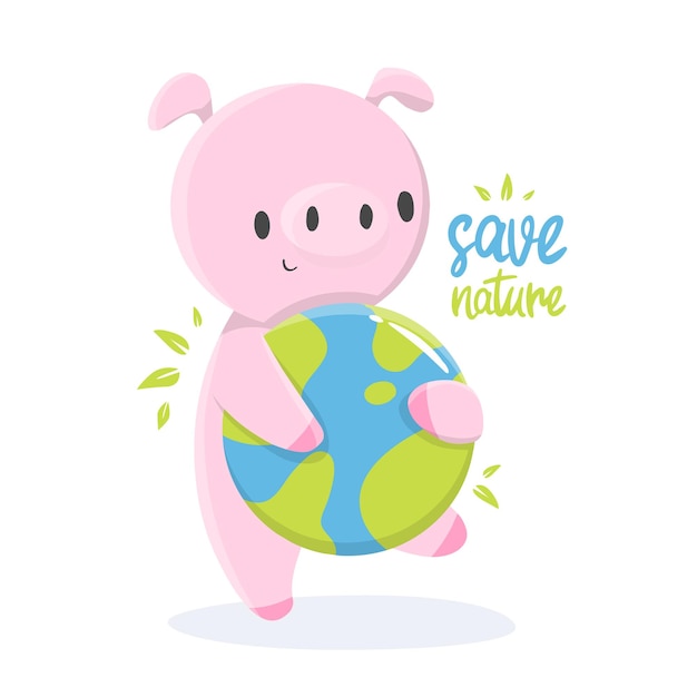 Ilustração dos desenhos animados de um porco com terra em apoio à ecologia salvar o planeta