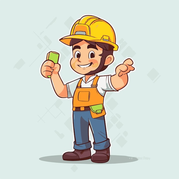 Vetor ilustração dos desenhos animados de um trabalhador da construção civil usando um capacete amarelo e segurando uma luva.