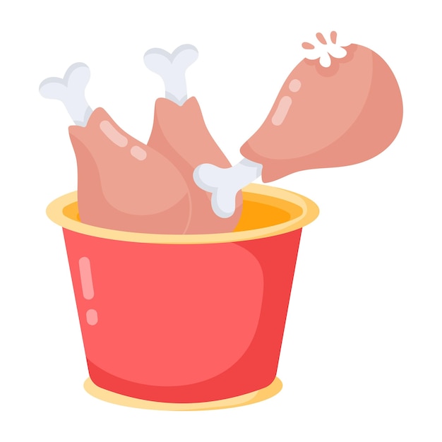 Ilustração dos desenhos animados de uma coxa de frango em um recipiente vermelho