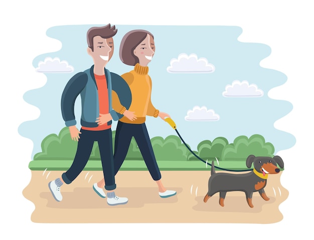 Vetor ilustração dos desenhos animados de uma família caminhando no parque com seu cachorro