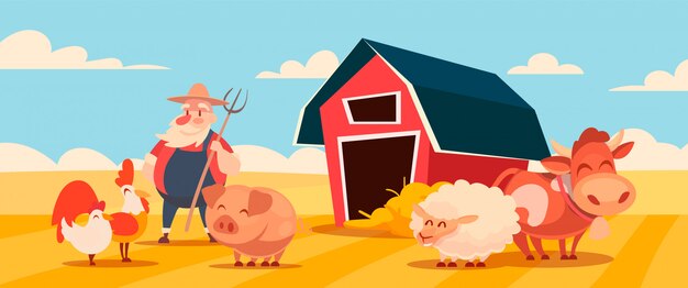 Ilustração dos desenhos animados de uma fazenda com um celeiro, animais e um fazendeiro.