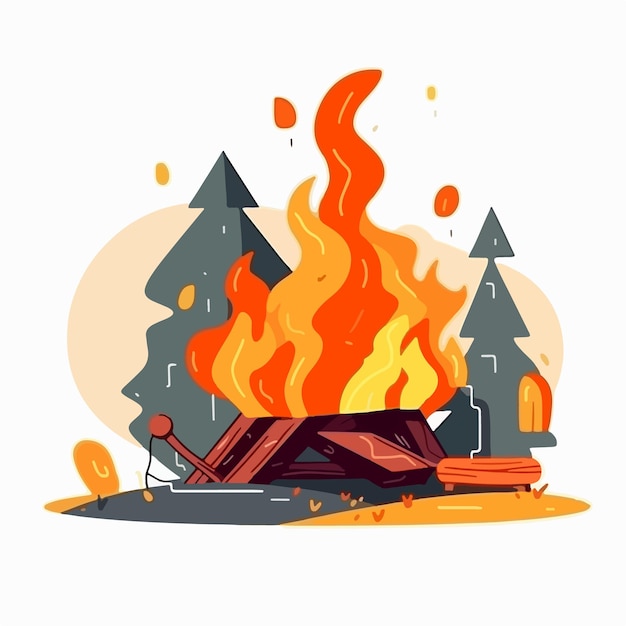 Ilustração dos desenhos animados de uma fogueira com um fundo de floresta