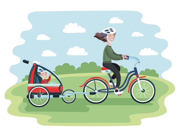 Ilustração dos desenhos animados de uma jovem andando de bicicleta com seu lindo bebê em reboques de bicicleta para crianças