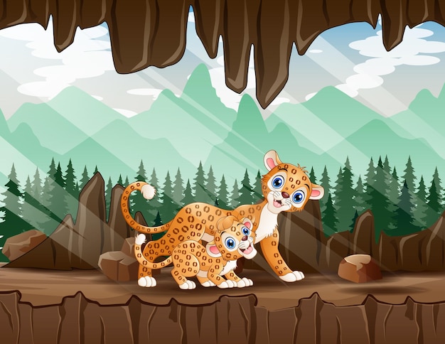 Ilustração dos desenhos animados de uma mãe leopardo com seu filhote na caverna