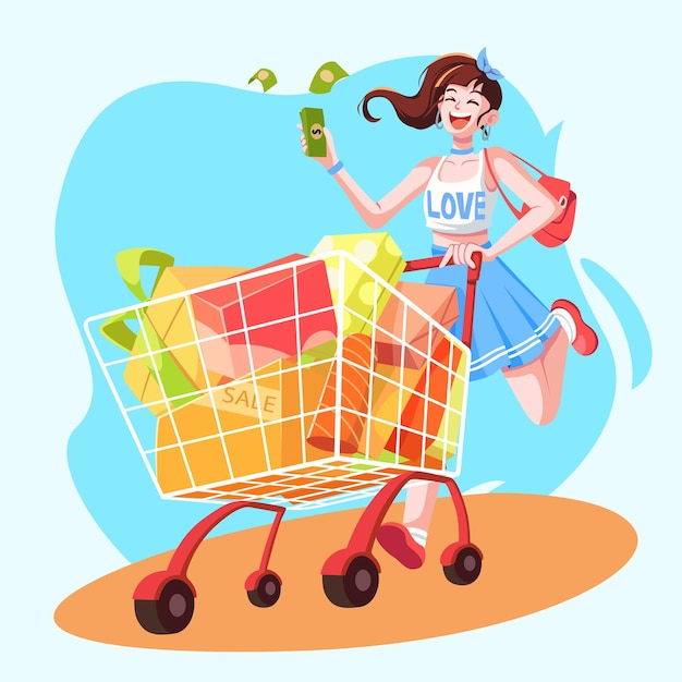 ilustração dos desenhos animados de uma mulher feliz está fazendo compras no mercado e empurrando um carrinho