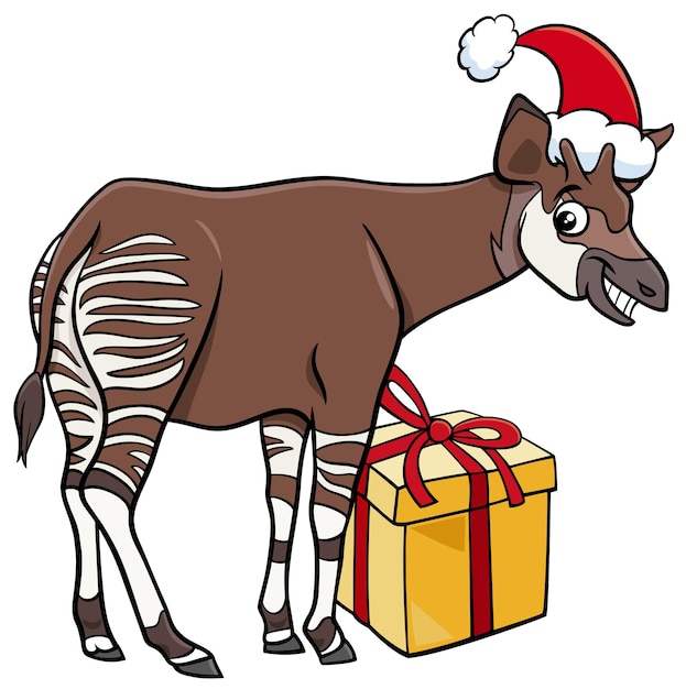 Ilustração dos desenhos animados do animal okapi com presente na época do natal