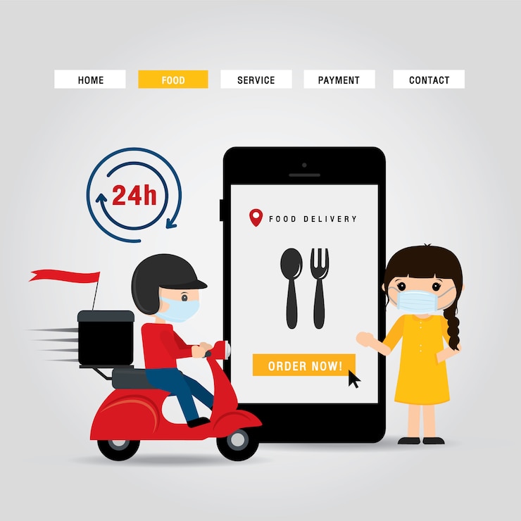Vetor ilustração dos desenhos animados do conceito de serviço de entrega on-line. homem andando de moto scooter. infográfico de ordem de comida on-line. covid19. quarentena na cidade.