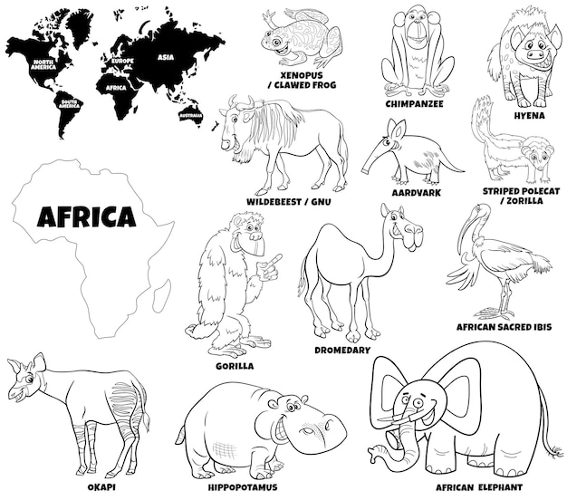 Ilustração dos desenhos animados do conjunto de animais africanos e das formas dos continentes para colorir a página