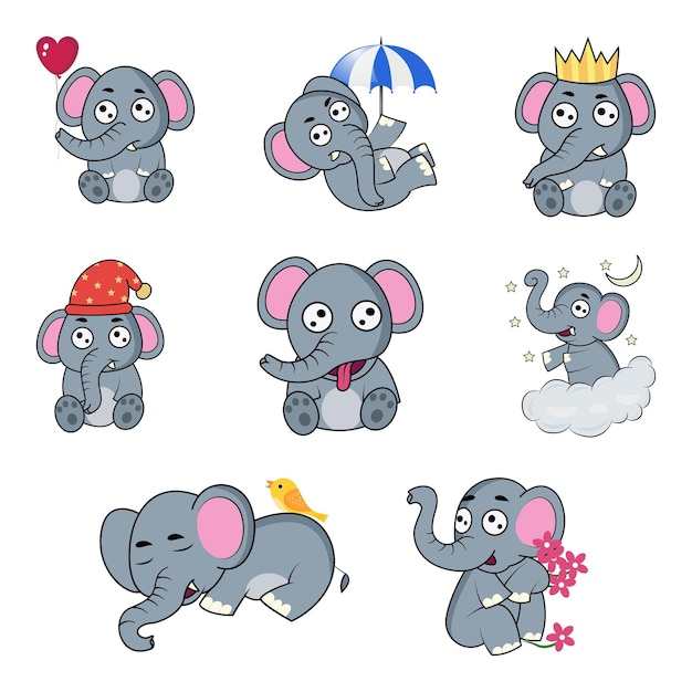 Ilustração dos desenhos animados do conjunto de caracteres de elefante