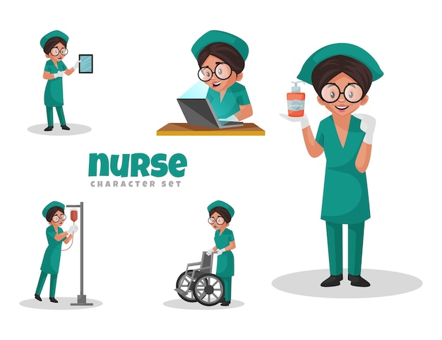 Ilustração dos desenhos animados do conjunto de caracteres de enfermeira