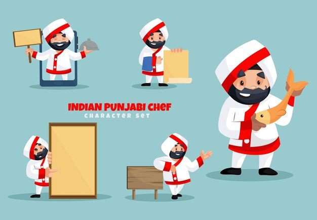 Ilustração dos desenhos animados do conjunto de caracteres do chef indiano punjabi