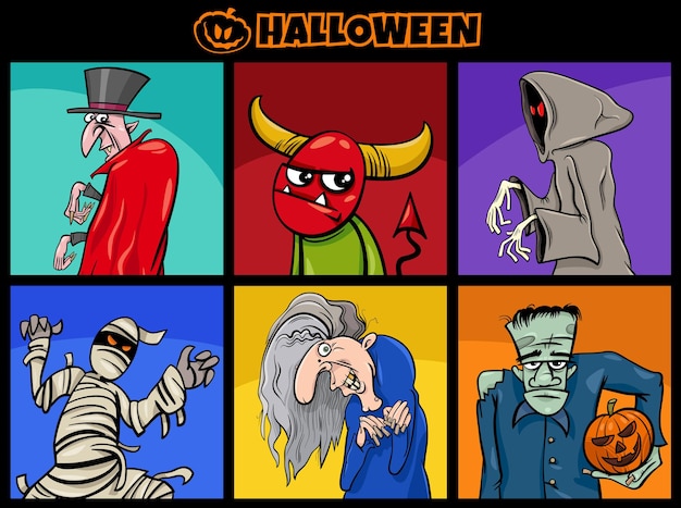 Vetor ilustração dos desenhos animados do conjunto de personagens cômicos do halloween