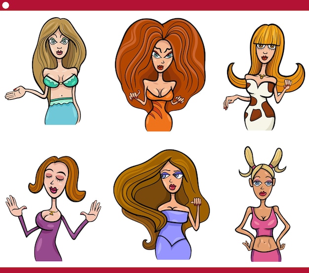 Ilustração dos desenhos animados do conjunto de personagens de mulheres em quadrinhos