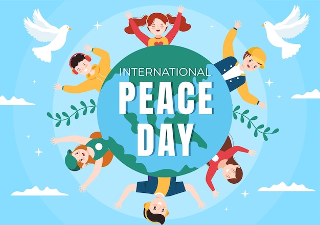 Ilustração dos desenhos animados do dia internacional da paz para criar próspero no mundo em design de estilo simples