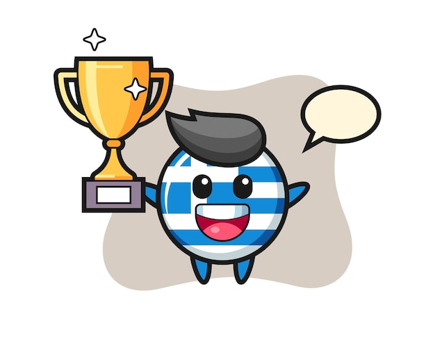 Ilustração dos desenhos animados do distintivo da bandeira da grécia está feliz segurando o troféu de ouro