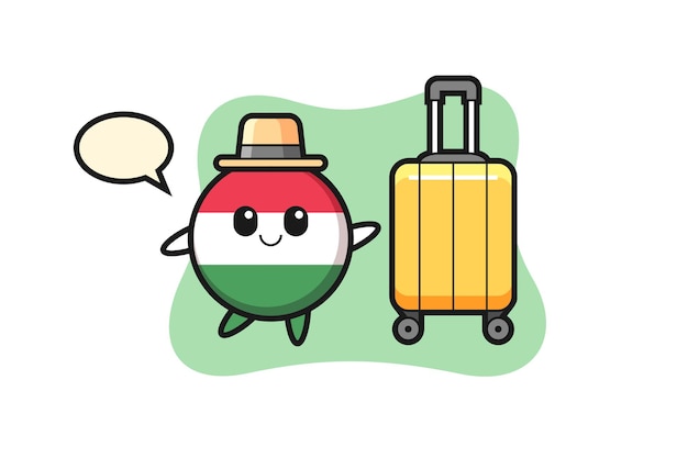 Ilustração dos desenhos animados do distintivo da bandeira da hungria com bagagem de férias, design de estilo fofo para camiseta, adesivo, elemento de logotipo