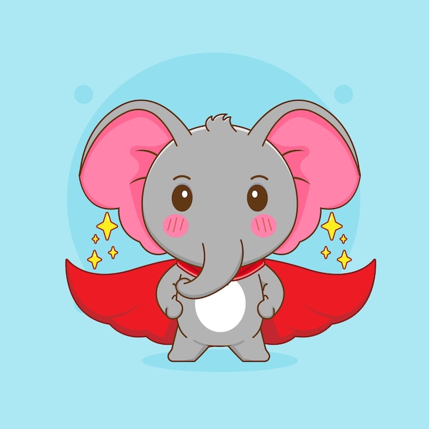 Ilustração dos desenhos animados do elefante fofo com capa vermelha como super-herói