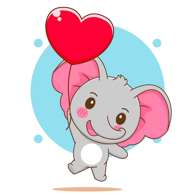 Ilustração dos desenhos animados do elefante fofo esfolando o balão do amor