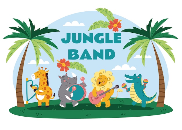 Ilustração dos desenhos animados do elemento do projeto da banda do zoológico africano da selva animal da música