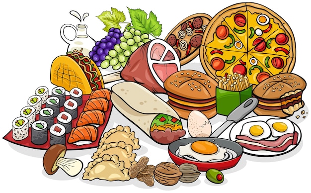 Vetor ilustração dos desenhos animados do grupo de objetos e pratos de comida