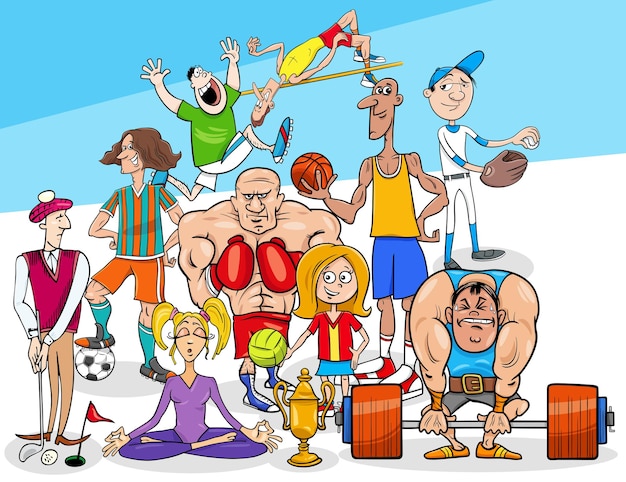 Ilustração dos desenhos animados do grupo de personagens das disciplinas do esporte