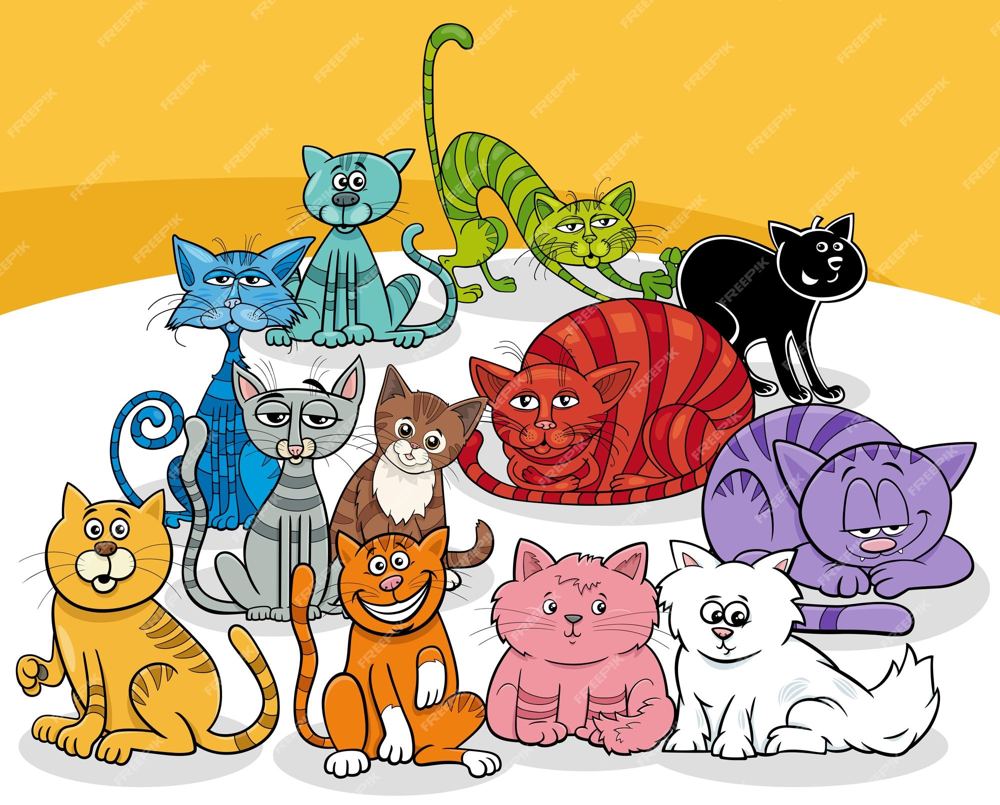 Conjunto de personagens de quadrinhos de gatos e gatinhos de desenho animado