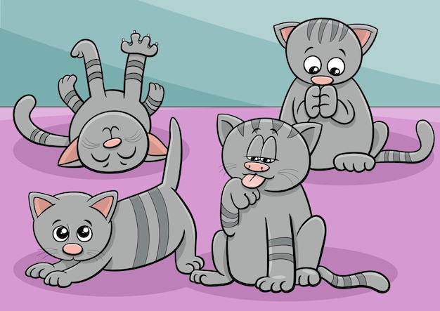 Ilustração dos desenhos animados do grupo engraçado de personagens de animais em quadrinhos de gatos ou gatinhos