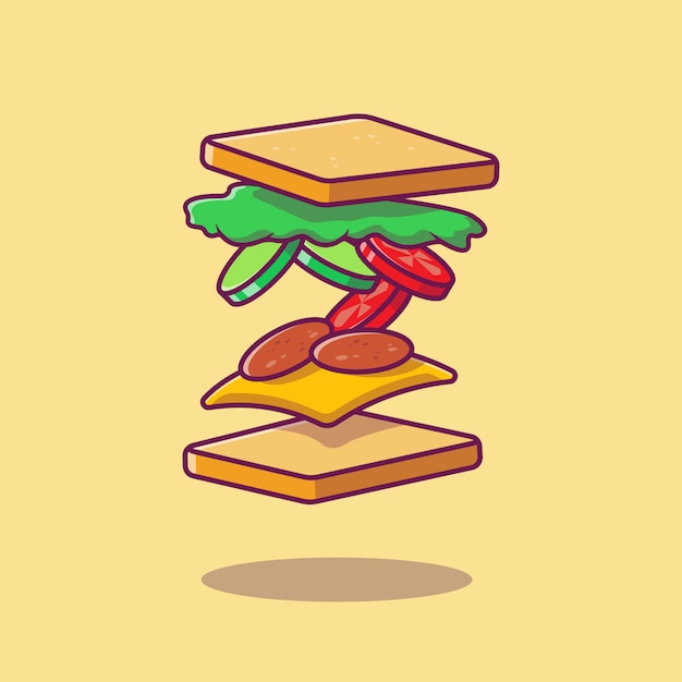 Ilustração dos desenhos animados do ingrediente de sanduíche voador.