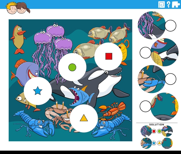 Ilustração dos desenhos animados do jogo educacional de combinar as peças com personagens de animais marinhos