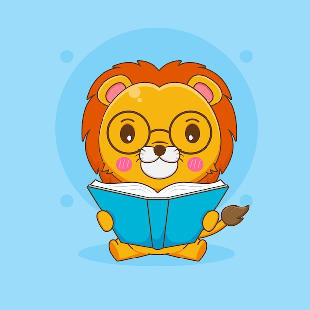 Vetor ilustração dos desenhos animados do leão nerd fofo com óculos lendo um livro