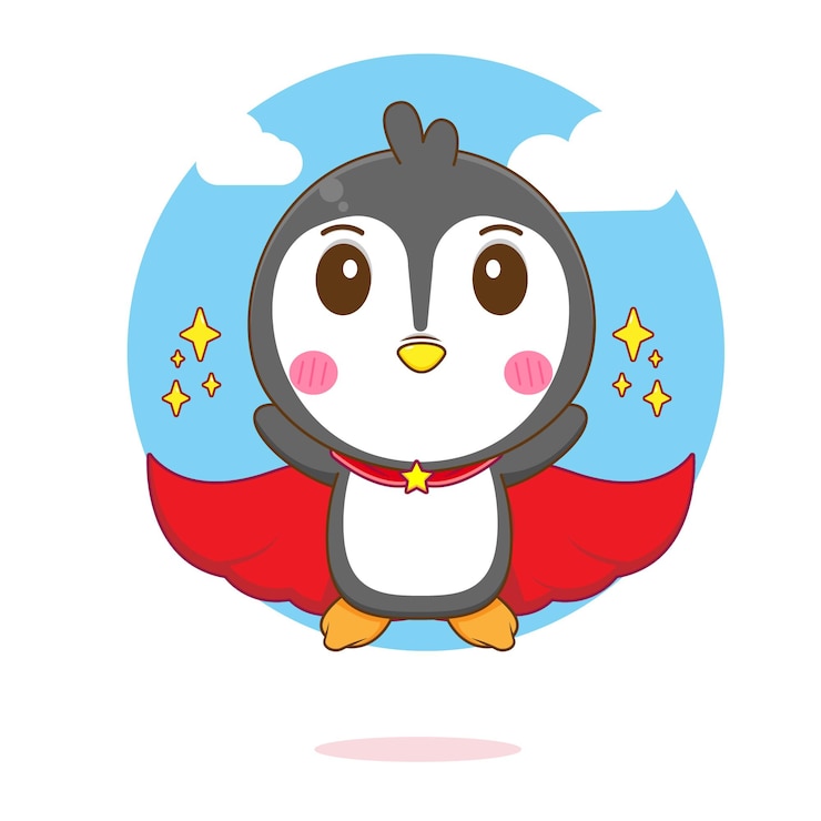 Vetor ilustração dos desenhos animados do lindo pinguim voando com capa vermelha