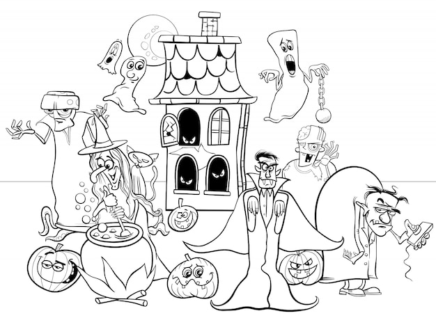 Ilustração dos desenhos animados do livro de colorir de personagens engraçados de halloween