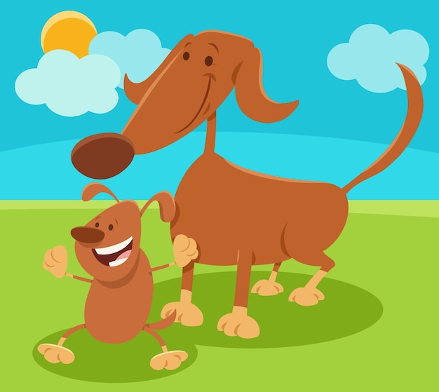 Ilustração dos desenhos animados do personagem animal da mãe do cachorro com cachorrinho brincalhão