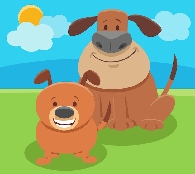 Ilustração dos desenhos animados do personagem animal mãe de cachorro com cachorrinho fofo