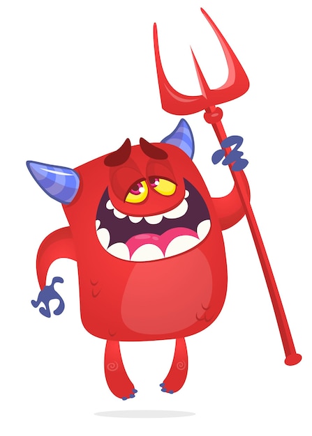 Ilustração dos desenhos animados do personagem engraçado diabo vermelho com chifres e tridente Vector