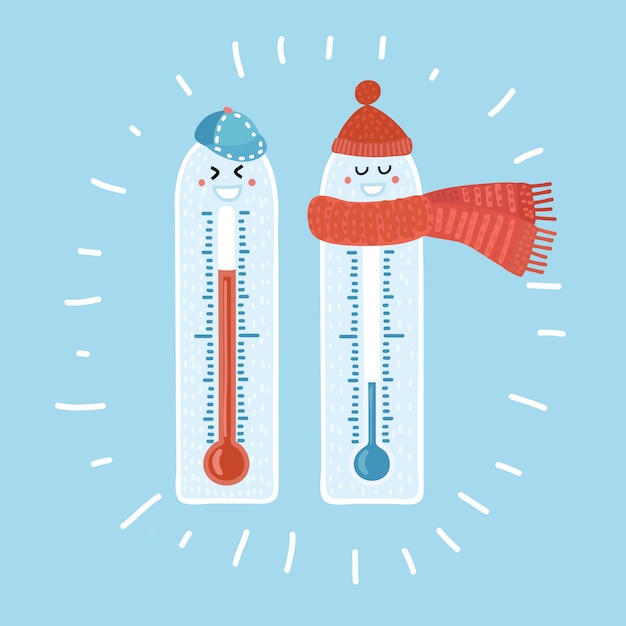 Vetor ilustração dos desenhos animados do termômetro frio quente dos desenhos animados com caretas sorridentes. chapéu quente, cachecol e boné. conceito colorido isolado