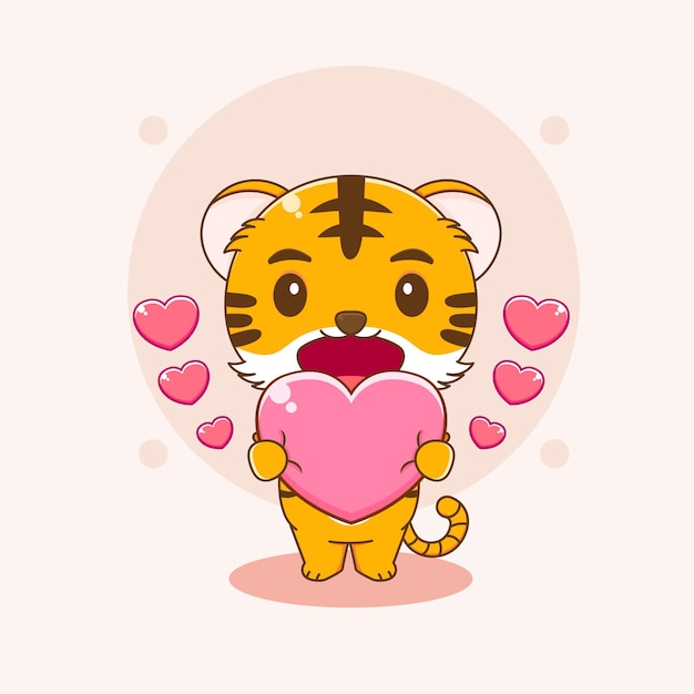 Ilustração dos desenhos animados do tigre fofo segurando o amor