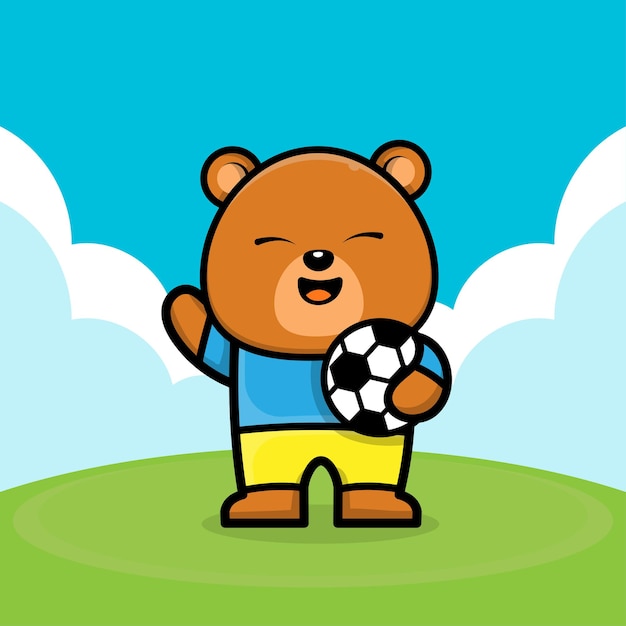 Ilustração dos desenhos animados do urso bonito jogando bola de futebol