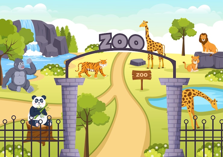 Vetor ilustração dos desenhos animados do zoológico com animais de safári no fundo da floresta