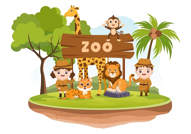 Ilustração dos desenhos animados do zoológico com animais de safári no fundo da floresta