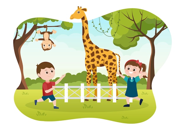 Ilustração dos desenhos animados do zoológico com animais de safári no fundo da floresta