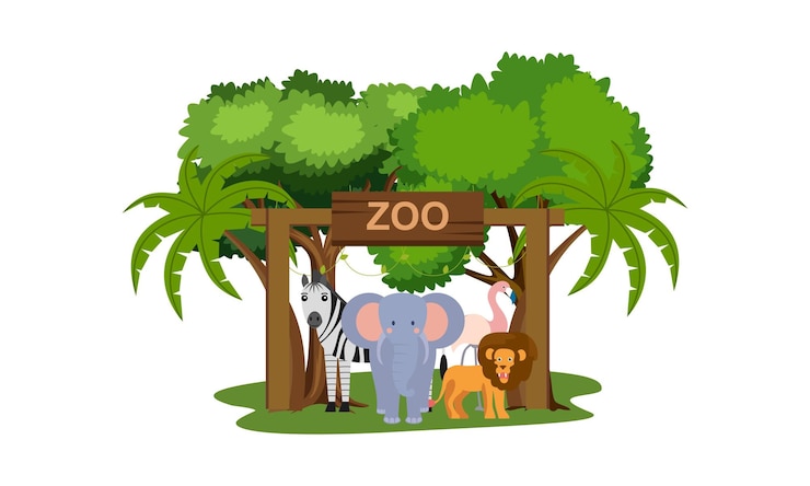 Vetor ilustração dos desenhos animados do zoológico com animais de safári no fundo da floresta