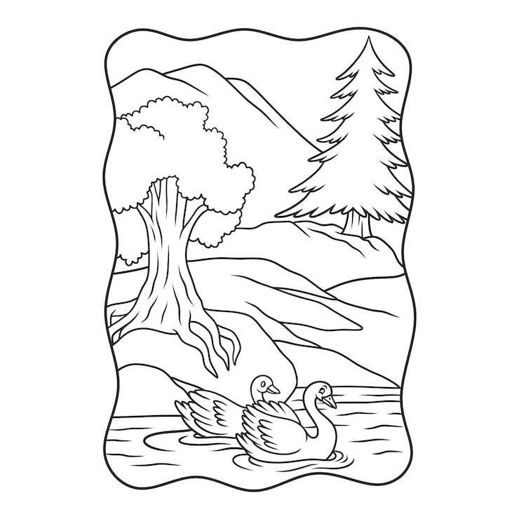 Vetor ilustração dos desenhos animados dois cisnes estão nadando no rio no meio da floresta sob um grande livro de árvore ou página para crianças em preto e branco